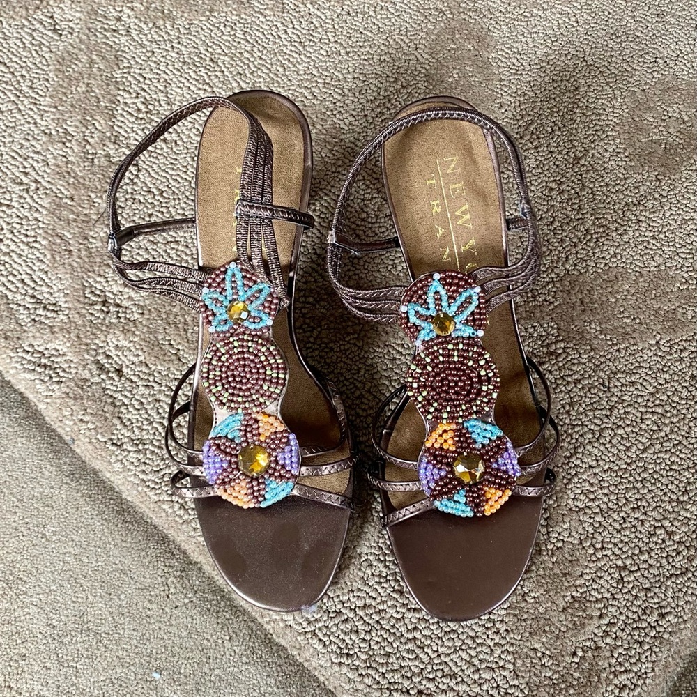 Sleek New York Transit Brown Sandals with Beaded Design
